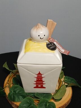 New! Ceramic Dumpling Canister with Red Pagoda and Yellow Lid Accent NWT
